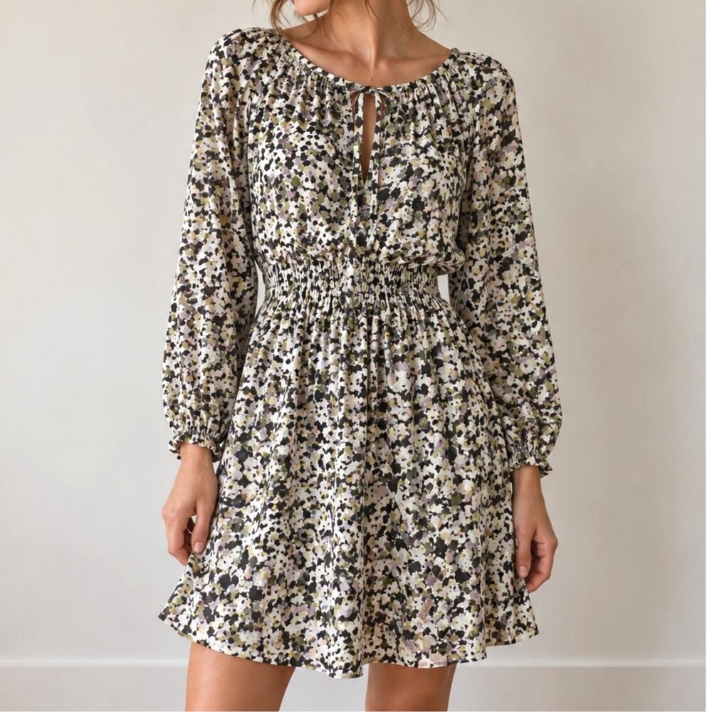 Theory 100% Silk Mini Floral Dress Ruffle Keyhole Long Sleeve Cottage Small